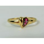 9ct Yellow Gold Ruby Set Heart shaped ring.  Finger size 'O'   1.1g London 1988