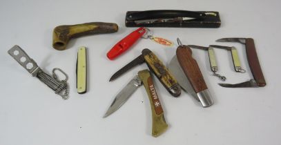 Selection of Pen knives, Antler walking stick handle, cut throat razor etc.