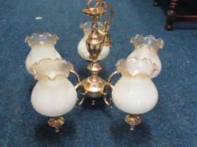 Brass based Five branch Ceiling lamps with opaque shades (one with damage) See photos. S2