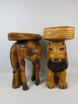 2 Carved wood animal stools in the forms of a Lion and Giraffe.