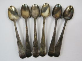 6 Sterling silver teaspoons possibly London 1787, total weight 121 grams.