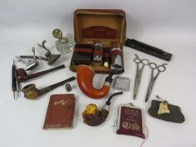 Mixed collectables lot including tobacco pipes, grooming items, ink well etc.