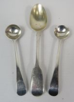 London sterling silver teaspoon c1835 plus 2 London condiment spoons c1812.