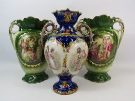 Pair of vintage Continetal transfer printed twin handle vases plus a Majolica vase.