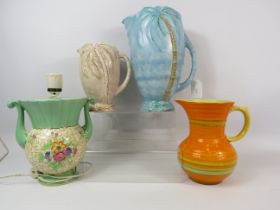 Selection of Art Deco ceramics including 2 Beswick palm tree jugs and a Shelley banded ware jug.