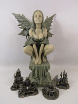 Large Fairy sculpture plus 4 Myth and magic type pewter sculptures.