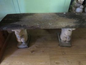 Concrete Garden Bench with Squirrel supports. Weather worn condition. Measures approx H:15 x W:41 x