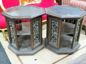 Two Attractive Octagonal table stands with carved and pierced detailing capped by a faux textured sl