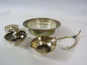 Mixed sterling silver lot including a pair of salts, coaster , sugar nips etc,various hallmarks 78g