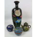 4 pieces of vintage Cloisonne Vase, trinkets and mini teapot. Slight damage to vase shown in