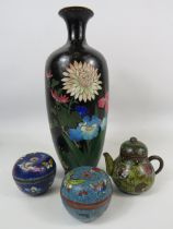 4 pieces of vintage Cloisonne Vase, trinkets and mini teapot. Slight damage to vase shown in