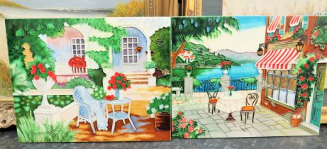 Pair of pretty ceramic tile pictures, each measures approx 14 x 11 inches, see photos.