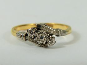 14ct Yellow Gold ring with a trio of Diamonds set in a Platinum mount. Finger size 'N-5' 2.4g