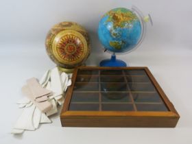 Mixed lot World Globe, puzzle globe, small display cabinet and a aselection of vintage collars.