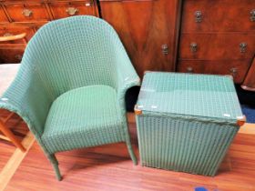 Vintage lloyd Loom Laundry basket with glass panel to lifting lid together with a matching tub chair