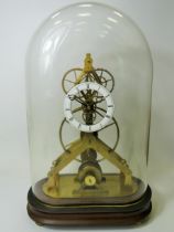 Brass Skeleton Clock with enamelled metal dial. Appears to be complete and in running order. No Mak