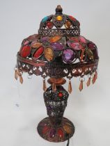 Moroccan  Style table lamp with attractive glass cabouchons on metal framework. 17 inches tall in wo