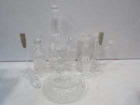 Selection of crystal glass including decanters, candlesticks, cake plate etc.