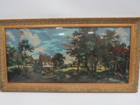 Large Antique Needlepoint picture of a Countryside scene. Housed in a lovely Gilt frame which measur