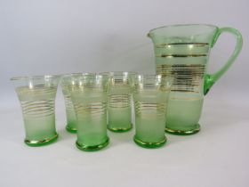 Art Deco green glass Lemonade set, jug and 5 glasses.