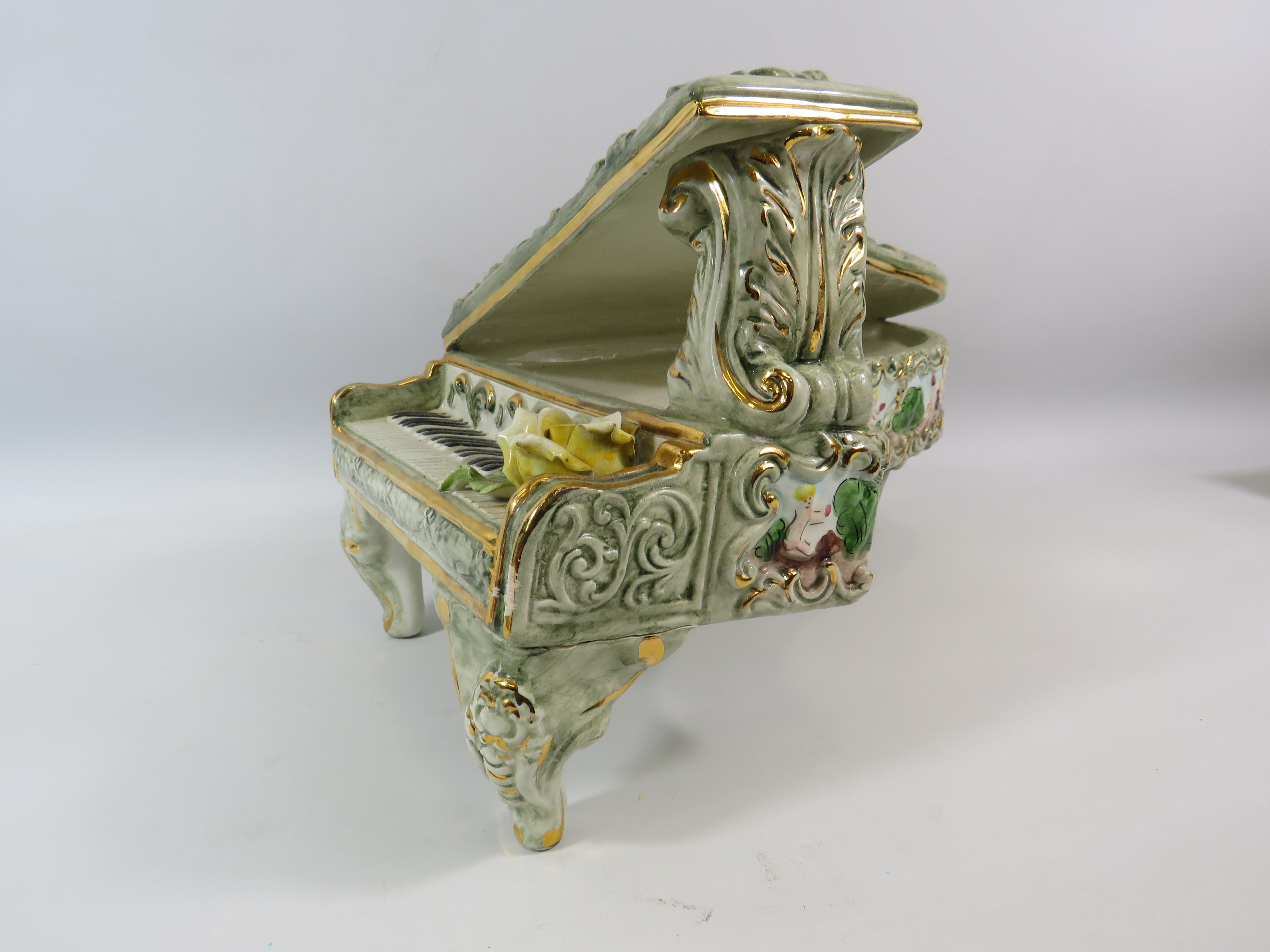 Large Capodimonte grand piano, approx 25cm tall, 26cm wide and 38cm long glued repair to one leg. - Image 2 of 5