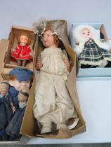 Various vintage Dolls plus 1 modern porcelain doll.