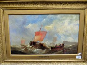 Victorian Oil on Canvas by W. C . Knell (William Calcot Knell 1830-1880) 'Fishermen Hauling in the