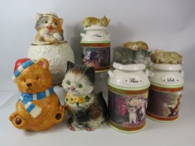 Braford exchange kitchen storage cannisters with cats on the lids plus Cookie jars etc.