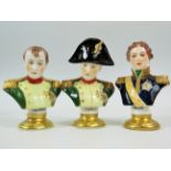 Three Minature Dresden Porcelain Busts of Napoleon (x2) plus Soult.  Each has Blue Basemark of lette