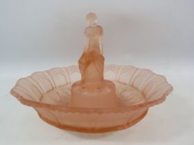 Sowerbys art deco pink frosted art glass bowl with central figural frog.