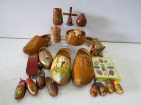 Selection of mainly Dutch wooden ware items, clogs etc.