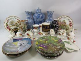 Mixed ceramics including Royal Albert plates, Cottage rose ornaments etc (the large blue and white