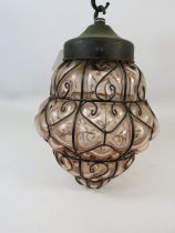 Vintage Murano Seguso handblown pink glass caged light pendant/shade. Approx 30cm long.