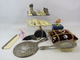 Mixed lot to include a silver plated dressing table grooming set, Pin cushion, Just the right shoe