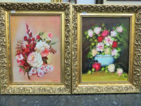 Pair of oil on canvas still life's by Mrs F Farmery. Each housed in pretty and ornate gilt frames wh