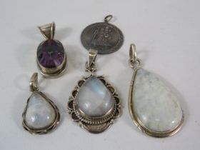 Selection of Sterling silver set pendants, Moonstone and Mystic Topaz plus a St Christopher.