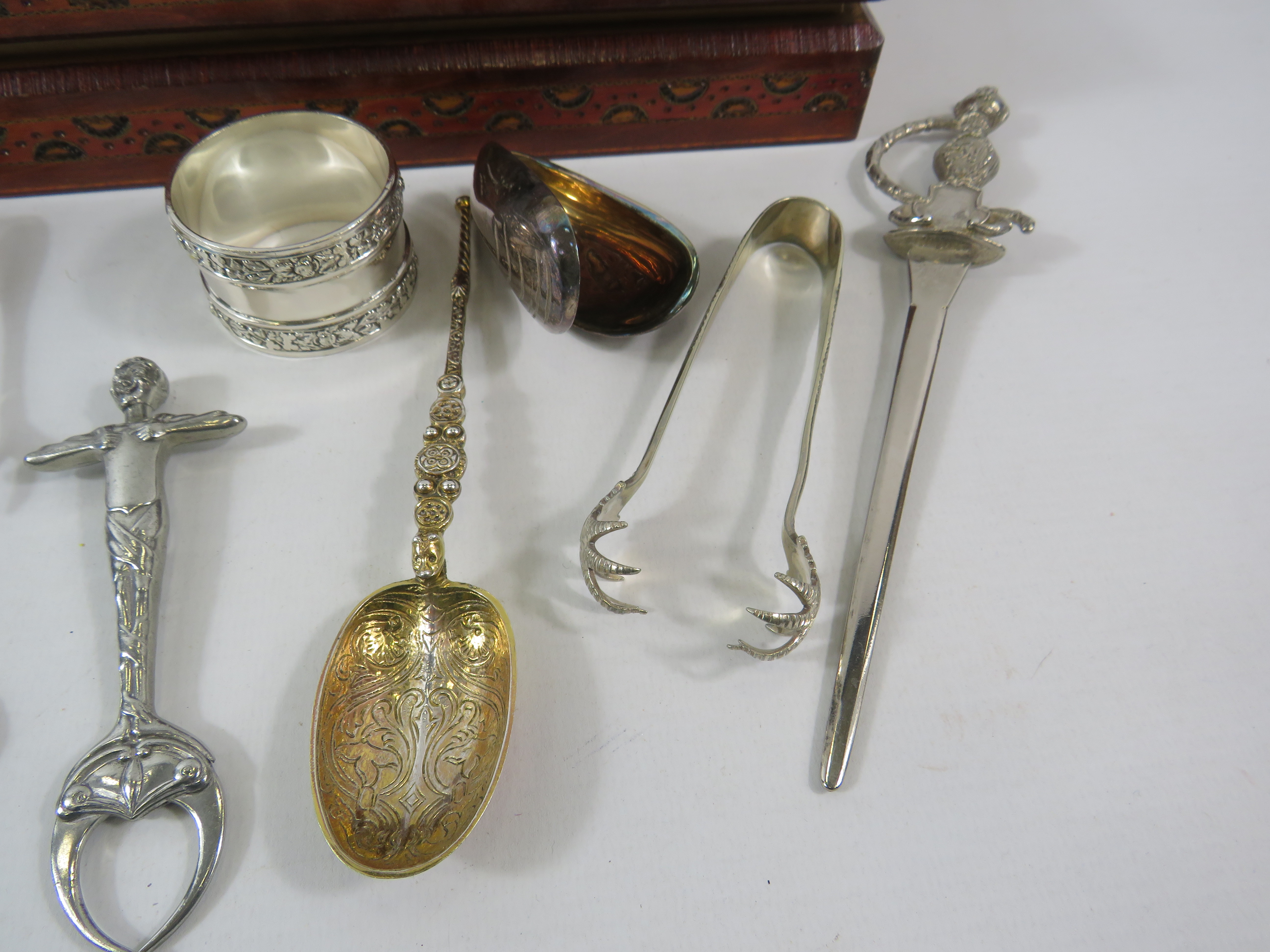 Wooden box and contents including a pair of art nouveau pincers, napkin rings etc. - Image 4 of 4