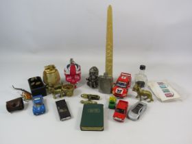 Mixed lot to include cuff links, diecast vehicles, brass figures etc.