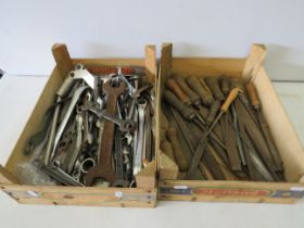 Box of Vintage Hand files plus a box of assorted old chrome mechanics tools. See photos.