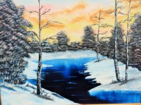 Oil on Canvas of a Winter Woodland Lake scene in the Bob Ross Style. Bears the Signature 'Newton' Ho