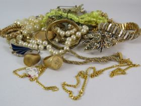 Mixed lot of mainly gold tone costume jewellery, necklaces, rings, brooches etc