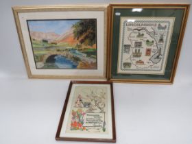 Two Framed and mounted Needlepoint pictures of Lincolnshire and Patience Strong, plus an original wa