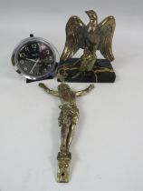 Bronze effect brass eagle on a marble base , Copper Jesus wall plaque and a Westclox babyben clock.