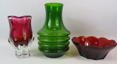 Mid century Riihimaki green glass hooped vase plus a Chribska art glass vase etc.