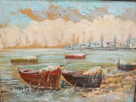 Oil on Canvas of a Coastal Harbour scene showing rowing boats. Housed in an ornate gilt frame which