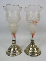 Pair of vintage crystal glass vases with london sterling silver weighted base, some chipping to