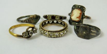Selection of four Silver rings, one Rolled Gold Ring and one (unmarked) Gold Ring See photos.