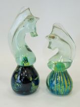 Two Mdina paperweights as seahorses, largest 8 inches tall. See photos.