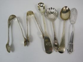 Selection of sterling silver cutlery items including 2 sets of sugar tongs various assay marks and