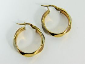 Pair of Yellow and White Gold twist hoop earrings with integral fasteners. 20mm wide. Total weigh